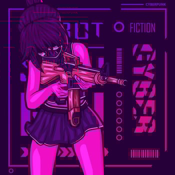 Gun woman cyberpunk fiction colorful t-shirt design. Abstract vector illustration.