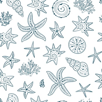 Seamless pattern with seashells, corals and starfishes. Marine dark blue background. For printing, fabric, textile, manufacturing, wallpapers. Sea bottom vector