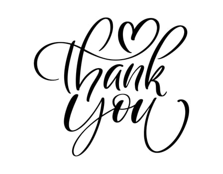 Hand drawn vintage vector text Thank you and heart. Calligraphy lettering illustration for wedding, Thanksgiving Day, greeting card, tag. Isolated on white background