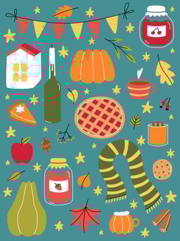 Set autumn elements. Cozy warm fall. Cute cottage core symbols. Vector doodle illustration.