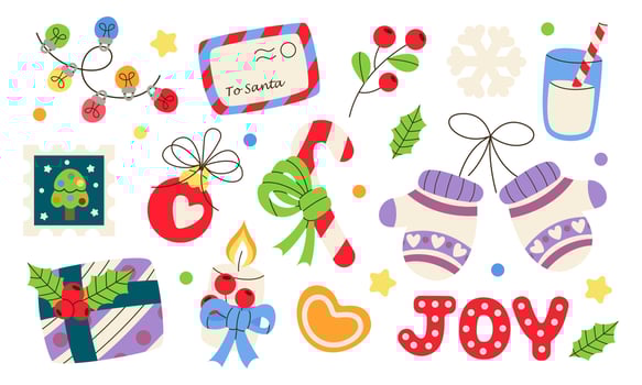 Set of merry christmas gift, garlands, candy,  candle, snowflake, winter mittens, fir tree baubles, joy, milk, post mark. Holiday festive decoration. Hygge, cozy xmas household. Happy New Year 2023. vector