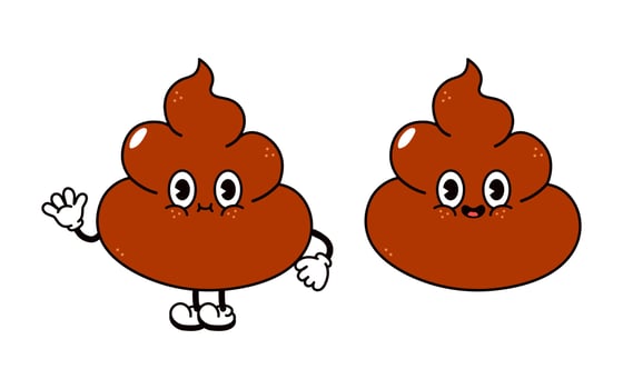 Cute funny poop waving hand character. Vector hand drawn traditional cartoon vintage, retro, kawaii character illustration icon. Isolated on white background. Turd character concept