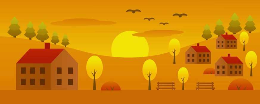 Autumn. Autumn village. Houses, trees, benches. Picture in yellow tones. cartoon vector illustration.