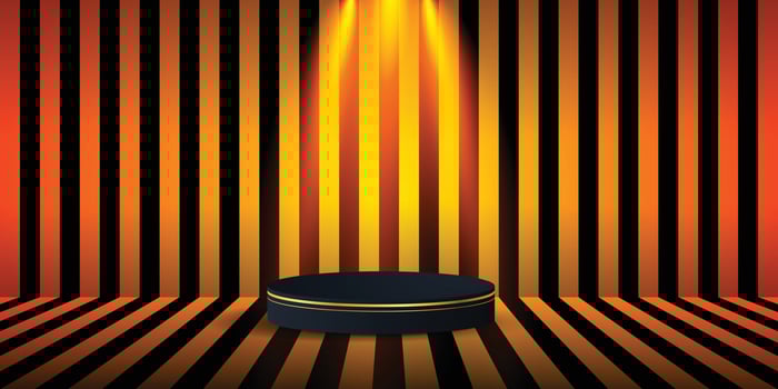 Black podium with gold border in Halloween stripe room. vector