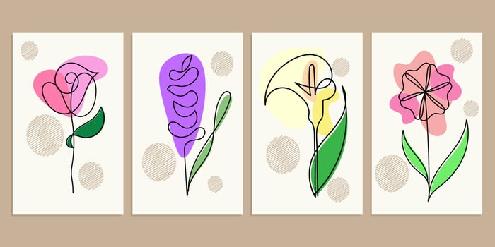 One line drawing minimalist flowers illustration set Rose, Lavender, Calla lily, and Cosmos flower. For home decoration and background. vector
