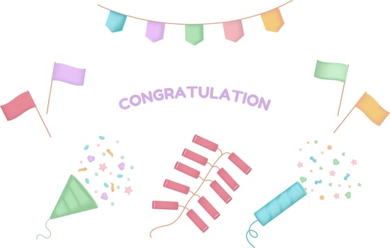 Greeting card with fireworks, ribbon and confetti illustration set. Party, birthday, card, decoration, confetti paper. Vector drawing. Hand drawn style.