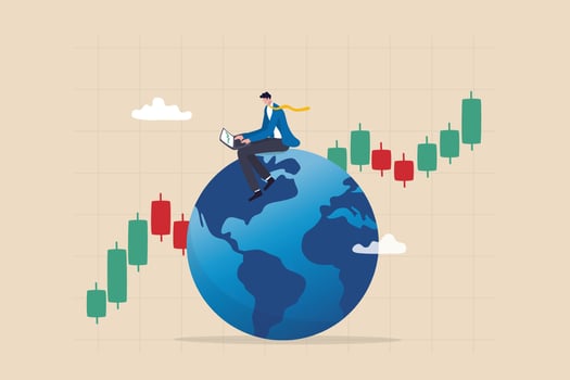 Global stock market, world or international investment, financial analysis or earning growth, stock trading concept, smart businessman investor trading on laptop on the globe with financial graph. vector