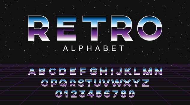 Futuristic retrowave font. Striped gradient metallic letters and numbers on space background. Sci-fi alphabet in retro 80's style. Synth Wave ABC. vector