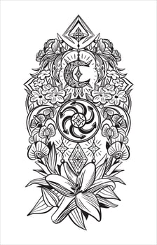 a complex black and white illustration with flowers and the Slavic symbol of the sun vector