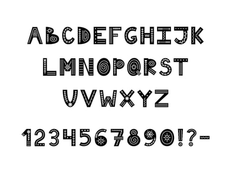 Black and white Scandinavian ornate alphabet. Folk font with letters, numbers and punctuation marks. Latin alphabet in Scandinavian style. vector