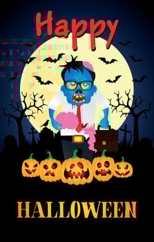 Happy Halloween poster with zombie office worker. Halloween greeting card vector