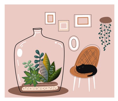 cozy house with lots of plants and animals. Vector doodle style art.
