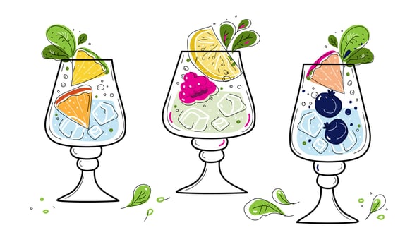 Hard seltzer cocktail with orange, berries and mint in glasses. vector doodle sketch set illustration