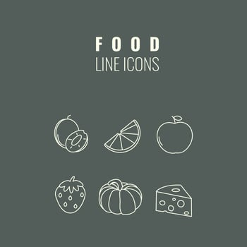 Vector food line icons on the black background food line icon set apple, cheese, plum, lemon, strawberry, pumpkin