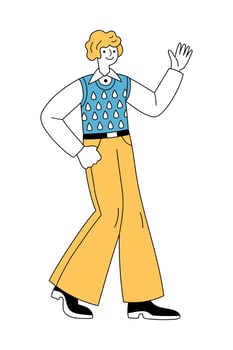 Cheerful man in retro 1960s or 1970s clothes walking and waving hand vector