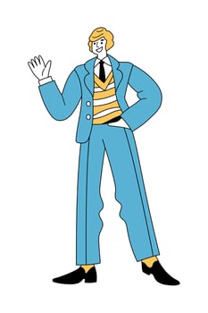 Cheerful man in retro 1960s or 1970s clothes walking and waving hand vector