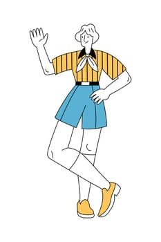 Cheerful man in retro 1960s or 1970s clothes walking and waving hand vector