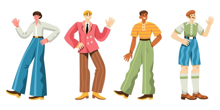 Diverse cheerful men in retro 1960s or 1970s clothes walking, standing, waving hands vector