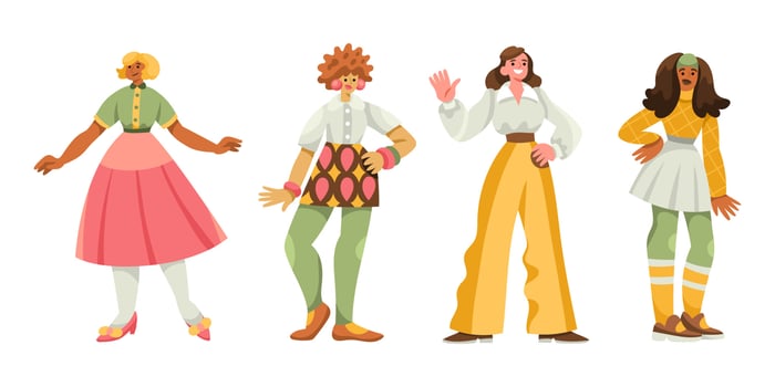 Diverse cheerful women in retro 1960s clothes walking, standing, waving hands vector
