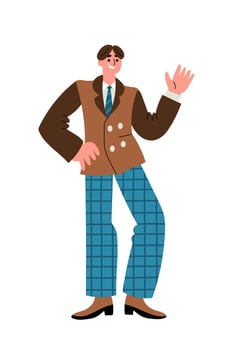 Cheerful man in retro 1960s or 1970s clothes walking and waving hand vector