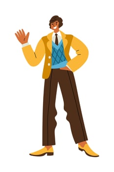 Cheerful man in retro 1960s or 1970s clothes walking and waving hand vector
