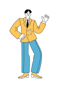 Cheerful man in retro 1960s or 1970s clothes walking and waving hand vector