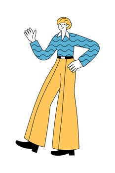 Cheerful man in retro 1960s or 1970s clothes walking and waving hand vector