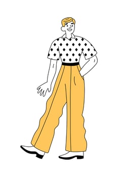 Cheerful man in retro 1960s or 1970s clothes walking vector