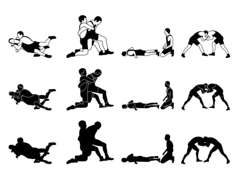 Athlete wrestler in wrestling, duel, fight. A pack of silhouettes Greco Roman, freestyle, classical wrestling. vector