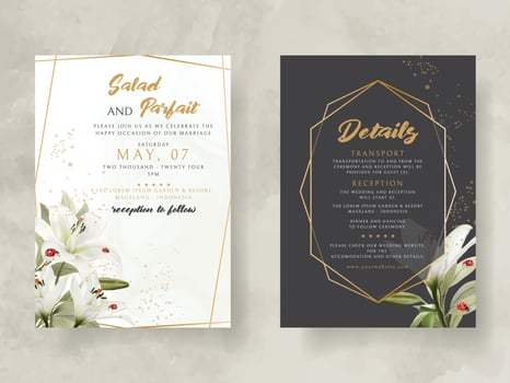 greenery wedding invitation card with lily flowers watercolor vector
