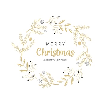 Christmas wreath with gold branches and pine cones. Unique design for your greeting cards, banners, flyers vector
