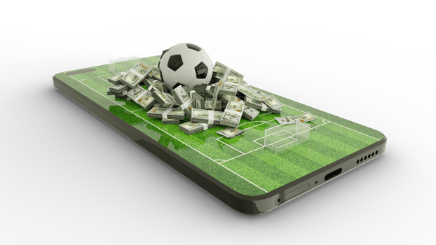 3d rendering of soccer field on mobile phone screen. US dollar notes with Football on phone screen. Soccer pitch on smartphone screen isolated on transparent background. bet and win concept png