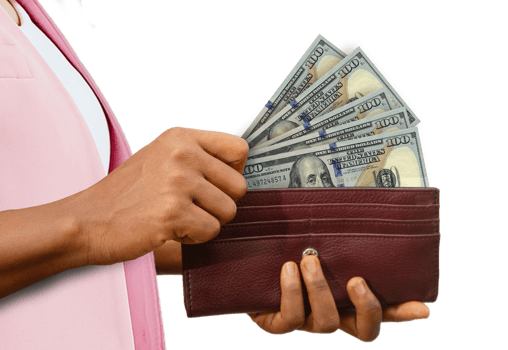 fair Female Hand Holding brown Purse With 100 US Dollar notes, hand removing money out of purse isolated on transparent background png