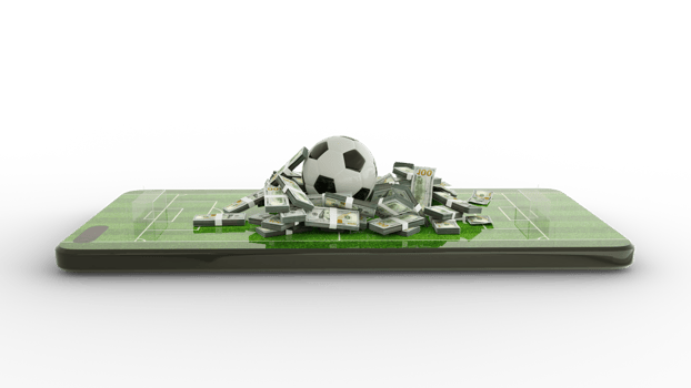 3d rendering of soccer field on mobile phone screen. US dollar notes with Football on phone screen. Soccer pitch on smartphone screen isolated on transparent background. bet and win concept png