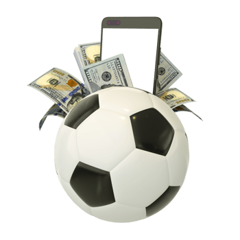3d rendering of US dollar notes behind soccer ball. Sports betting, soccer betting concept isolated on transparent background. mockup png