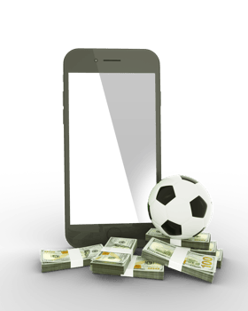 3D rendering of a mobile phone with soccer ball and stacks of US dollar notes isolated on transparent background. png