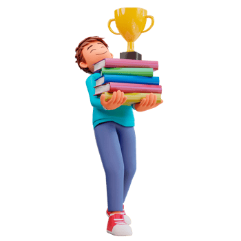cute boy carrying a stack of books and trophies, 3d cartoon illustration concept png