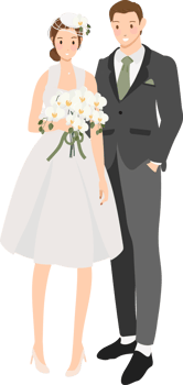 cute cartoon young wedding couple with Phalaenopsis orchid bouquet flat style png