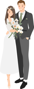cute cartoon young wedding couple with Phalaenopsis orchid bouquet flat style png