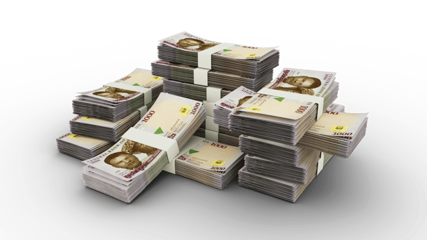 Stack of 1000 Nigerian Naira notes. 3D rendering of bundles of banknotes png