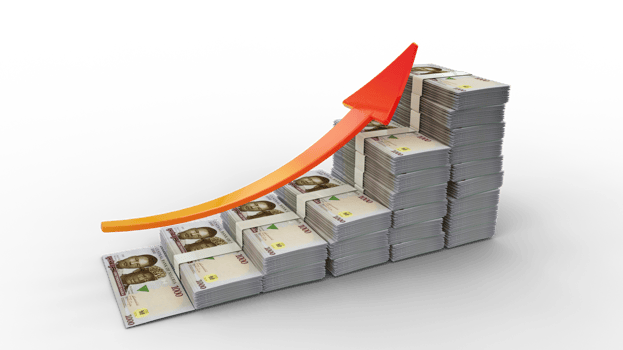 Financial growth sign made of stacks of Nigerian Naira notes. 3D Rendering of money arranged in the form of a bar graph isolated on transparent background png