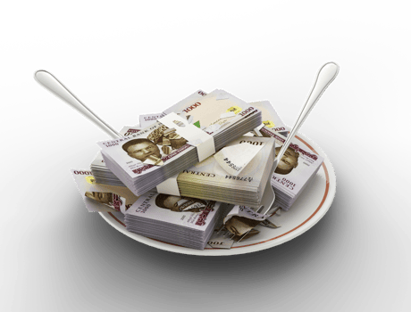 3D rendering of Nigerian naira notes on plate. Money spent on food concept. Food expenses, expensive meal, spending money concept. eating money, misuse of money png