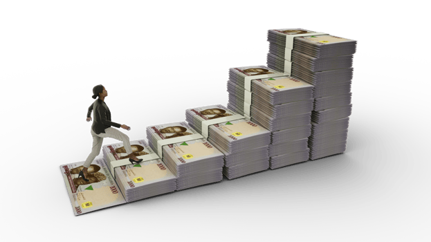 Business woman climbing stairs made of Nigerian naira notes. 3D rendering of money arranged in the shape of a financial growth graph icon. Business growth concept png