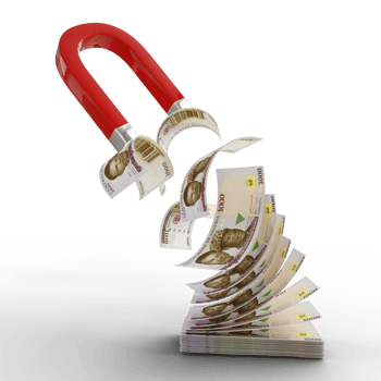3D rendering of Horseshoe magnet attracting Nigerian Naira notes isolated on transparent background. Attracting money concept. Strategy for a successful business png