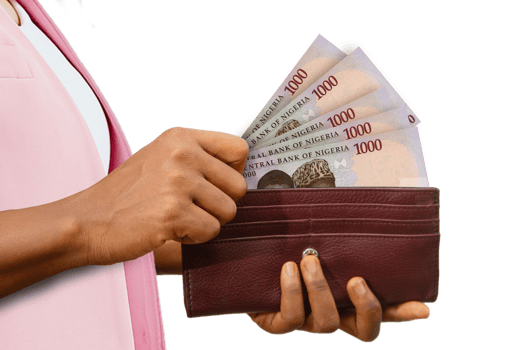 fair Female Hand Holding brown Purse With Nigerian naira notes, hand removing money out of purse isolated on transparent background png