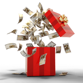 3D rendering of A lot of Nigerian Naira notes coming out of an opened red gift box png