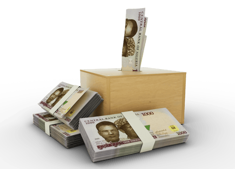 3D rendering of 1000 Nigerian naira notes in wooden Savings box png