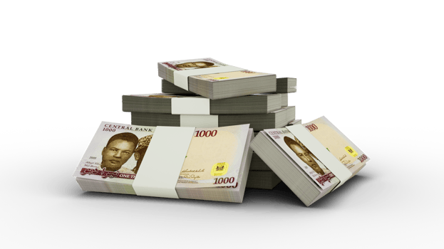 3d rendering of Stack of 1000 Nigeria Naira notes. bundles of Nigerian currency notes isolated on transparent background png