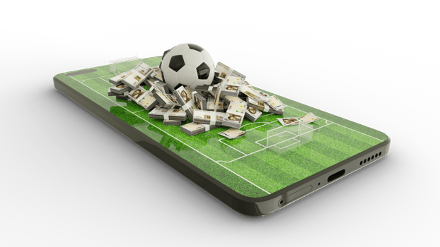 3d rendering of Mobile phone Soccer betting. Football and Nigeria Naira notes on phone screen. Soccer field on smartphone screen isolated on transparent background. bet and win concept png