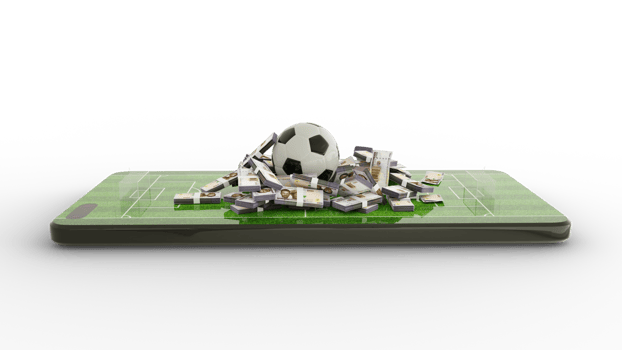 3d rendering of Mobile phone Soccer betting. Football and Nigeria Naira notes on phone screen. Soccer field on smartphone screen isolated on transparent background. bet and win concept png